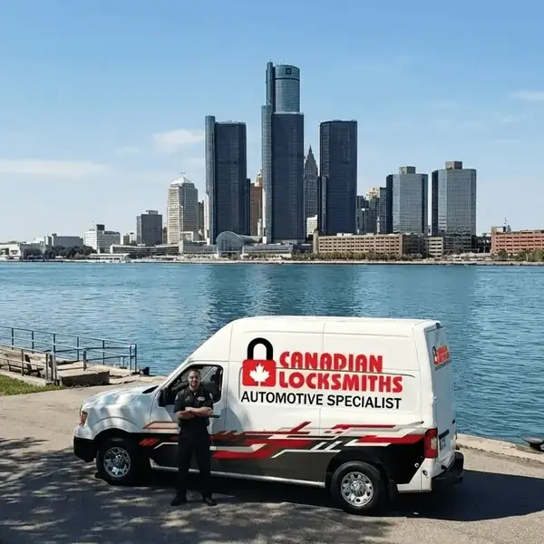 Canadian Locksmiths mobile locksmith van near Windsor City Hall in Windsor Ontario for car key replacement